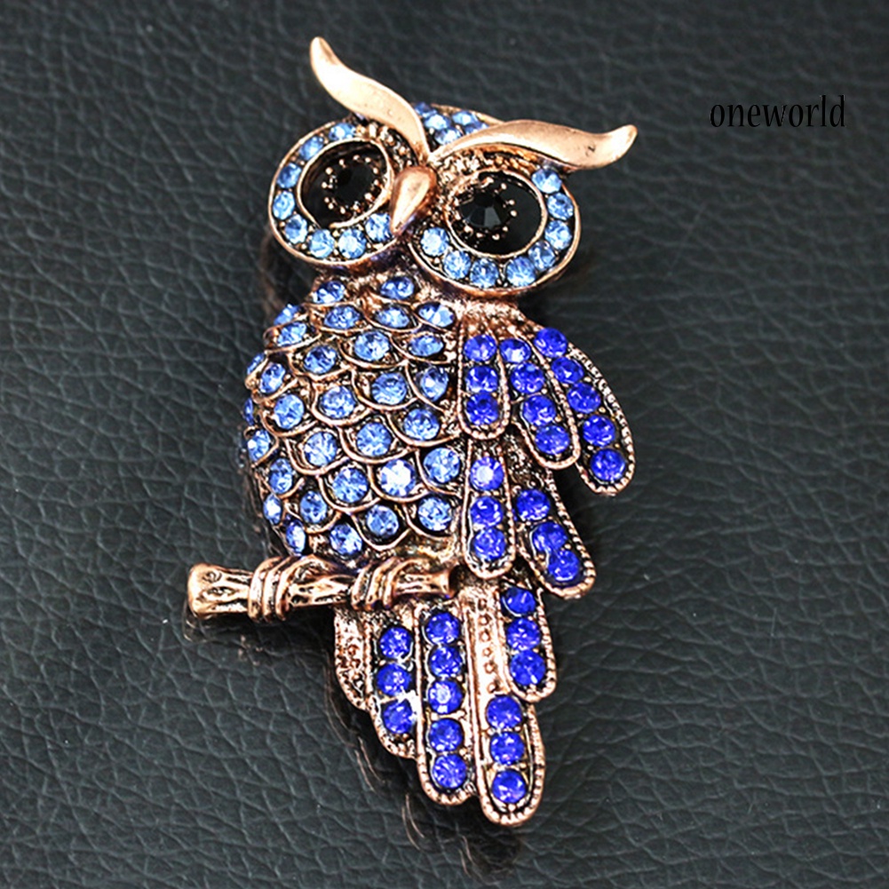 OW@ Unisex Retro Cartoon Owl Inlaid Rhinestone Hollow Brooch Pin Clothing Accessory