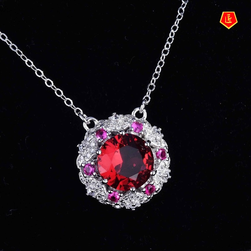 [Ready Stock]Micro-Inlaid Ruby Necklace Simple Women's Goose Egg-Shaped Banquet Pendant