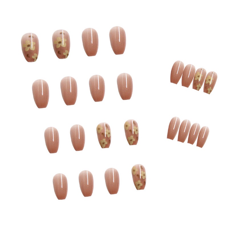 24pcs / box Kuku Palsu Panjang Warna Teh Semi Transparan Motif Bunga