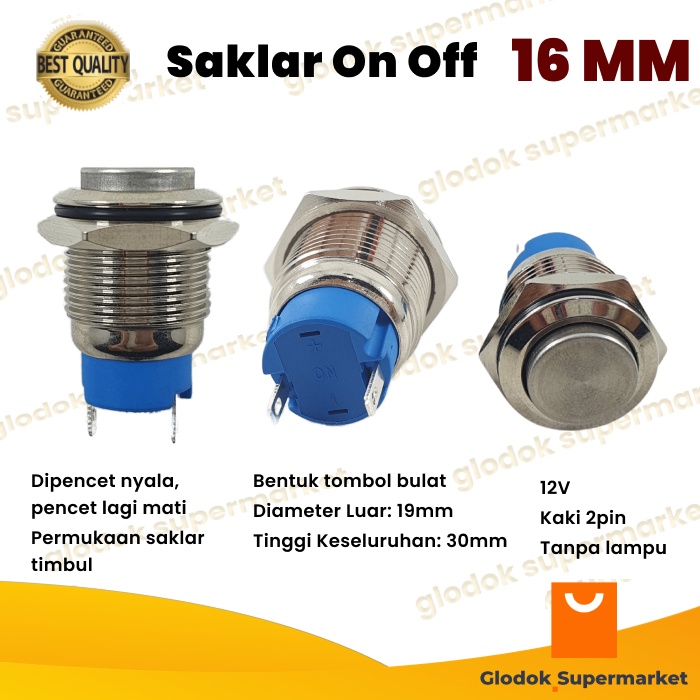 Switch Metal 16mm Push On Off 2 Pin Saklar Stainless 2pin Tombol Self Locking 12V