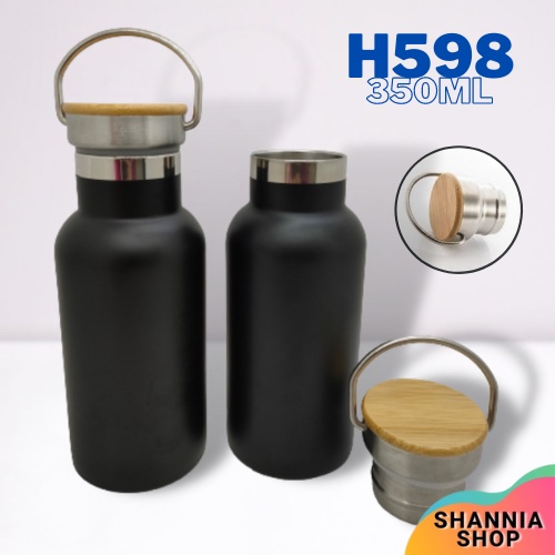 H598 [ HITAM ] Termos Tutup Bambu MINI 350 ml / Tumbler Stainless Steel Tahan Panas ( H-598 )