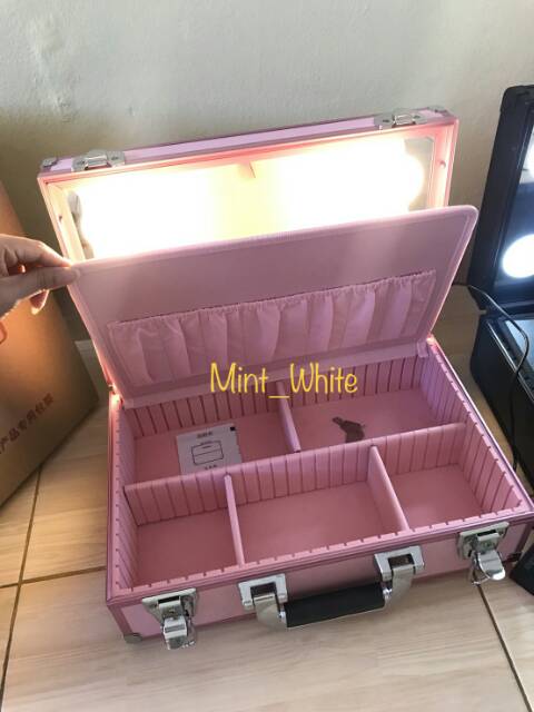 Tas MakeUp Kaca Lampu LED / FACEBOX MUA Beauty Case / Koper Make Up / Koper Rias Kaca Lampu LED