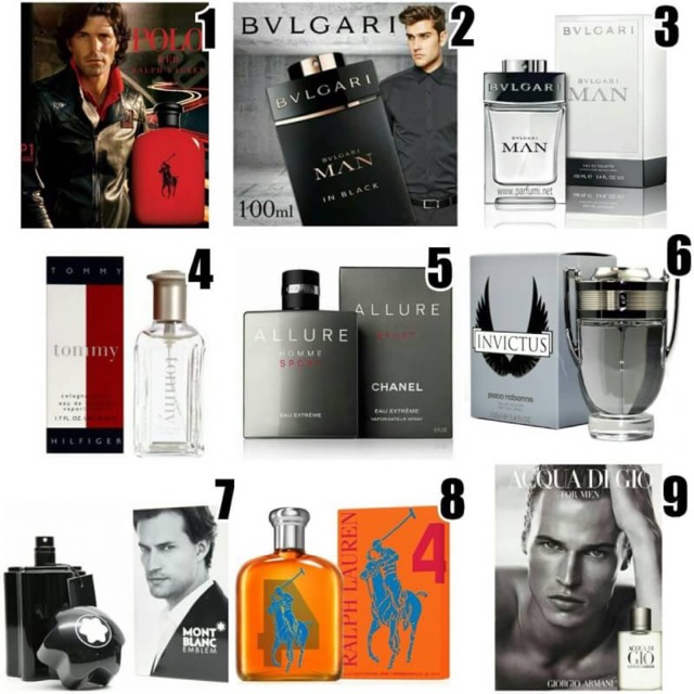 Nama parfume sesuai urutan nomor foto di atas ☝ 1. POLO RED ( RALPH LAUREN ) 2. BLVGARI MAN IN BLACK