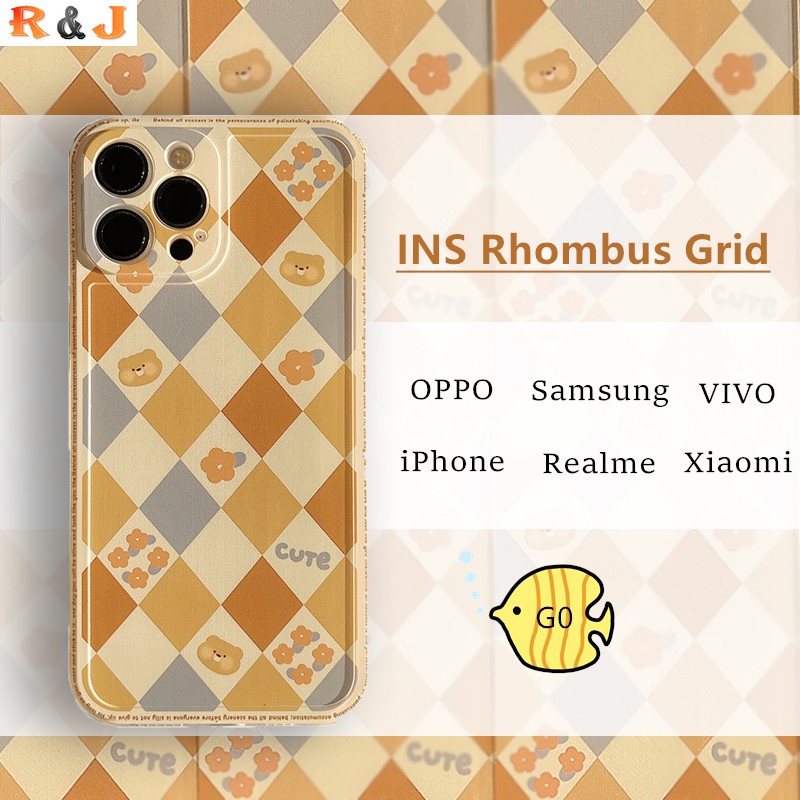 INS Simple Casing Samsung A03S A02S A12 A22 A11 M11 A10 A20 A30 A50 A10S A20S A51 J7 Pro A30S A50S M12 Cute Geometric Rhombus Grid Hipster Soft Silicone Phone Case R&amp;J