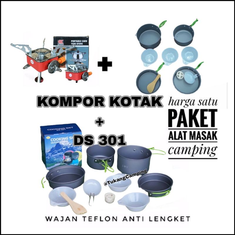 Paket Cooking set isi 4 + Kompor Portable kotak kemping Nesting camping