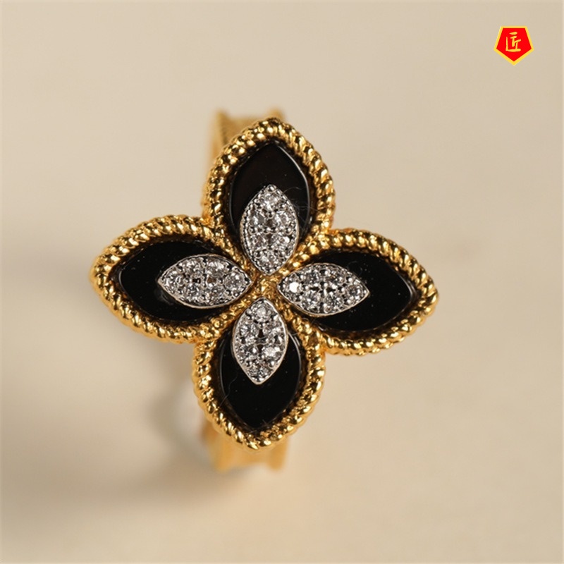 [Ready Stock]New 18K Gold Clover Ear Stud Black Agate Bracelet Necklace for Women