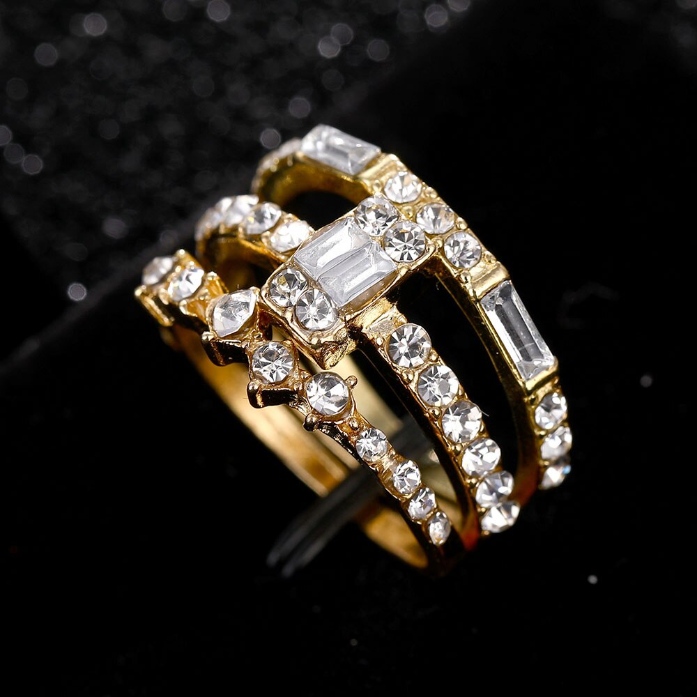 3pcs/set Cincin Kristal Zircon Warna Emas 2020 Untuk Wanita