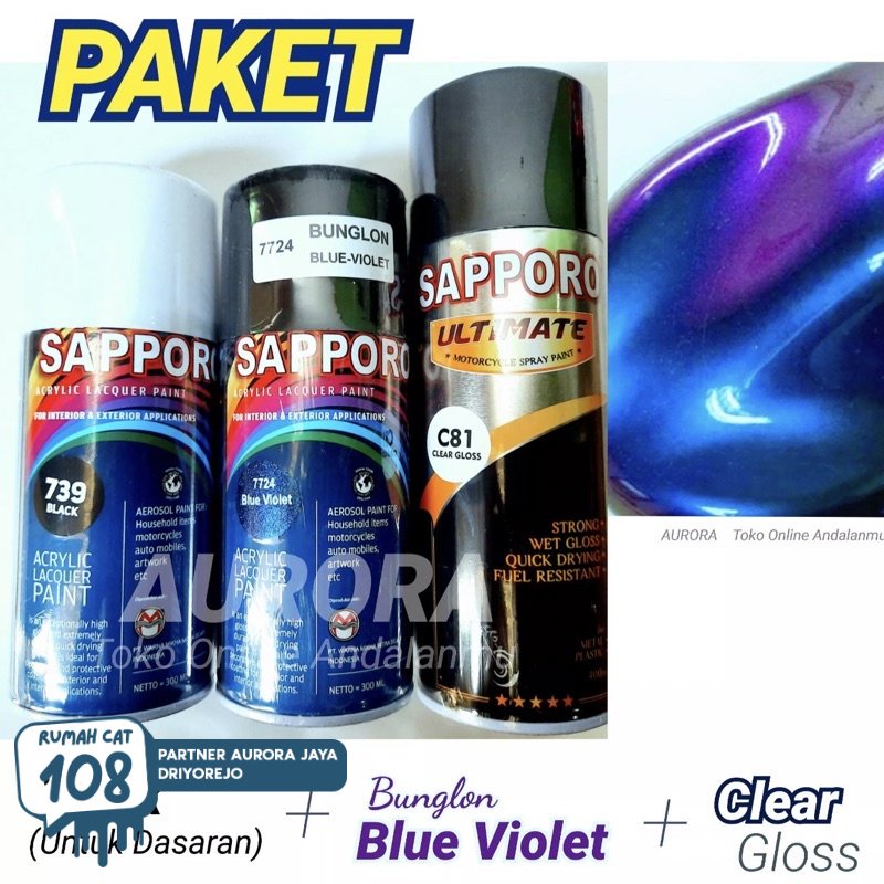 

PAKET SAPPORO BUNGLON 7724 BLUE VIOLET + 739 BLACK + C81 CLEAR GLOSS sappro pilok pilox pylox cat semprot motor mobil sepeda