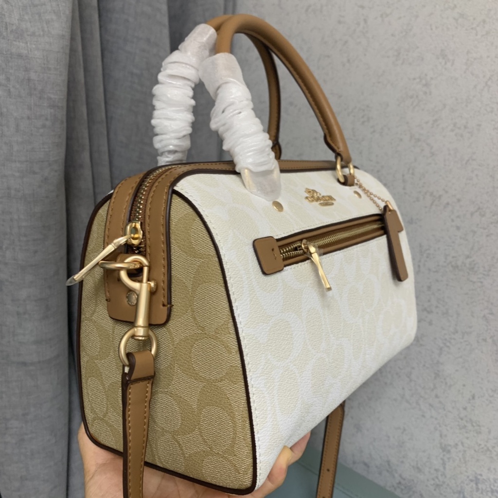 coach 149 latest color matching ROWAN classic old flower handbag Boston pillow bag milk tea   ztb