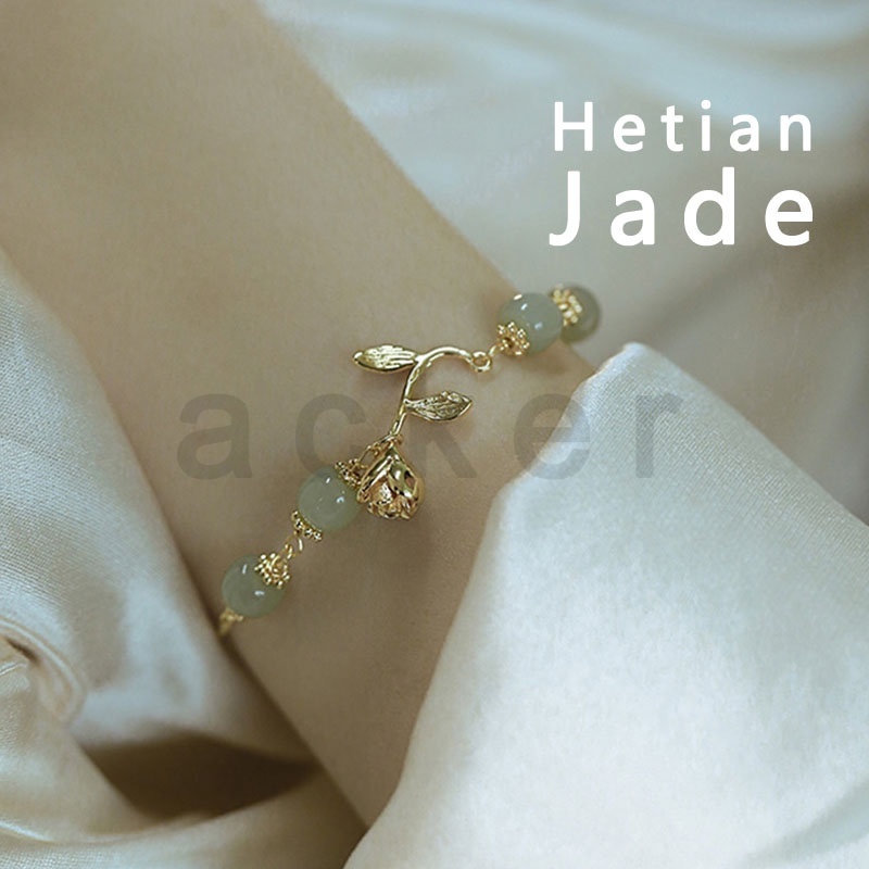 Ins Gelang Tangan Manik-Manik Batu Jade Hetian Natural Aksen Bunga Mawar Untuk Wanita ACKER