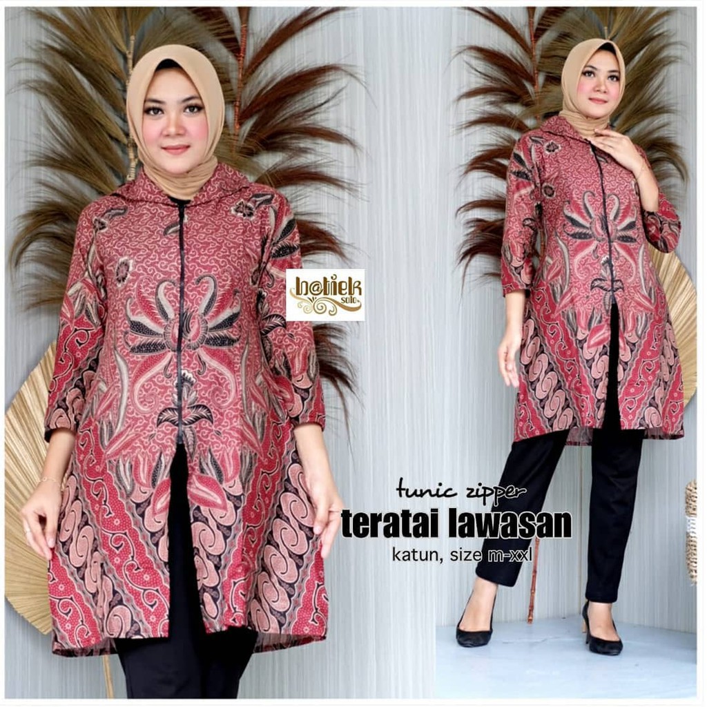 CP TUNIC ZIPPER TERATAI LAWASAN TUNIK BATIK CEWEK TUNIC JUMBO WANITA SERAGAM LD 120 KERJA BUSUI