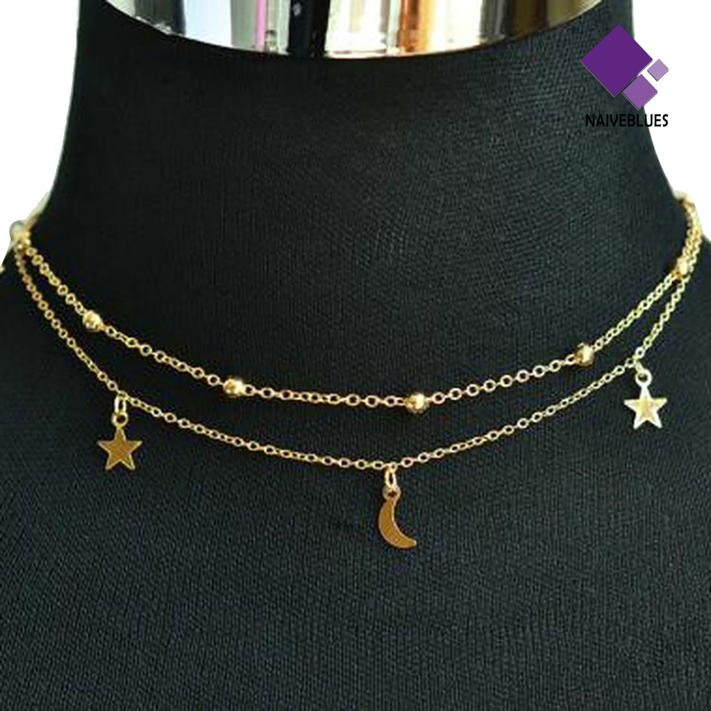 Naiveblue Kalung Choker Lapis Ganda Dengan Liontin Bulan Sabit Warna Emas Untuk Wanita