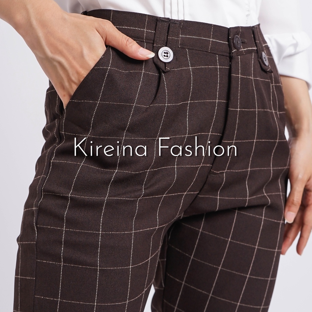 Celana Kotak Wanita Celana Kerja Wanita Baggy Pants Celana Tartan Bahan gabardin | Kireina Fashion