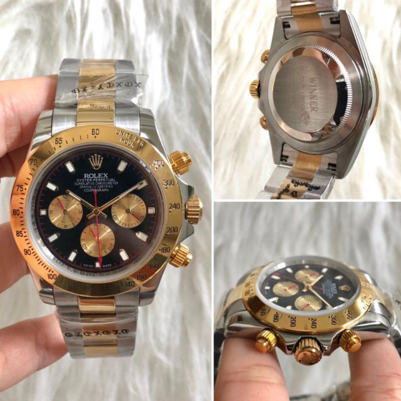 REAL PICT - JAM TANGAN PRIA AUTOMETIC ROLEX DAYTONA RANTAI PREMIUM QUALITY COMBI ROSE GOLD PLAT HITA