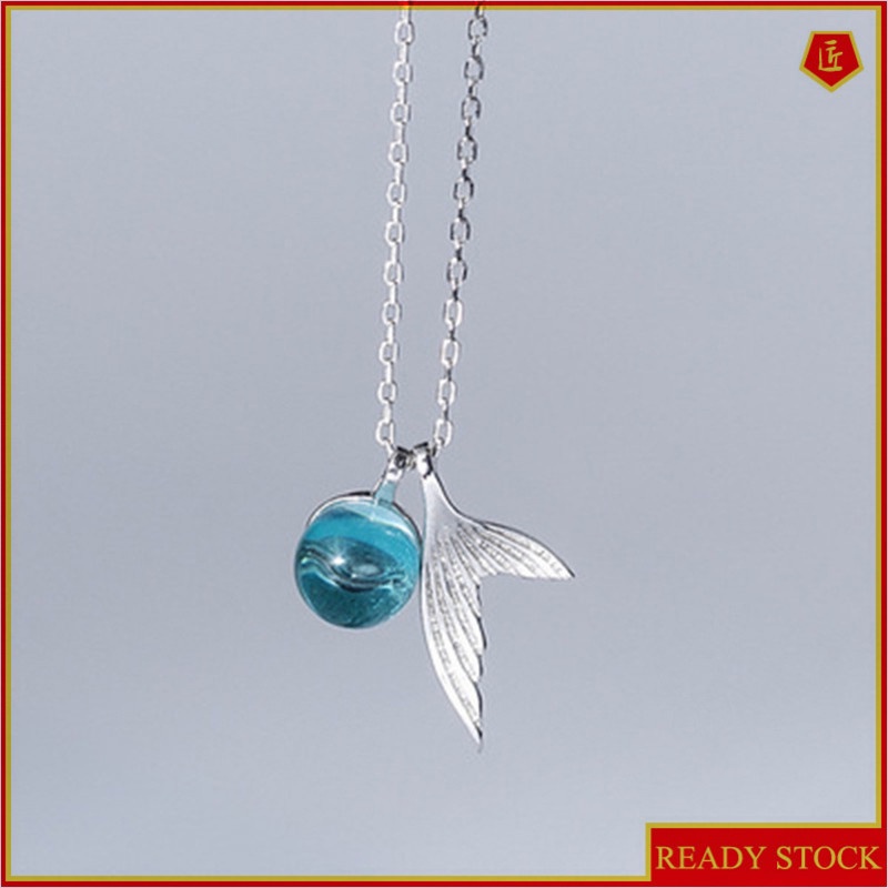 [Ready Stock]Fashion New Aquamarine Stone Man Fish Tail Crystal Pendant Necklace