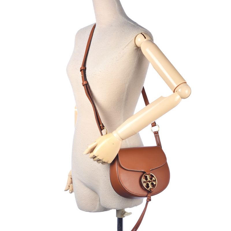 Tory Burch Miller Hollow Logo Leather Crossbody Saddle Bag (Small) Camel Coffee