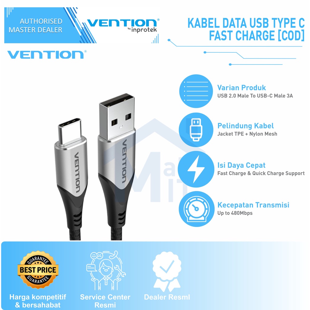 ( Bisa Cod) Vention Kabel Data USB A to Type C BRAIDED Android Samsung Huawei COD