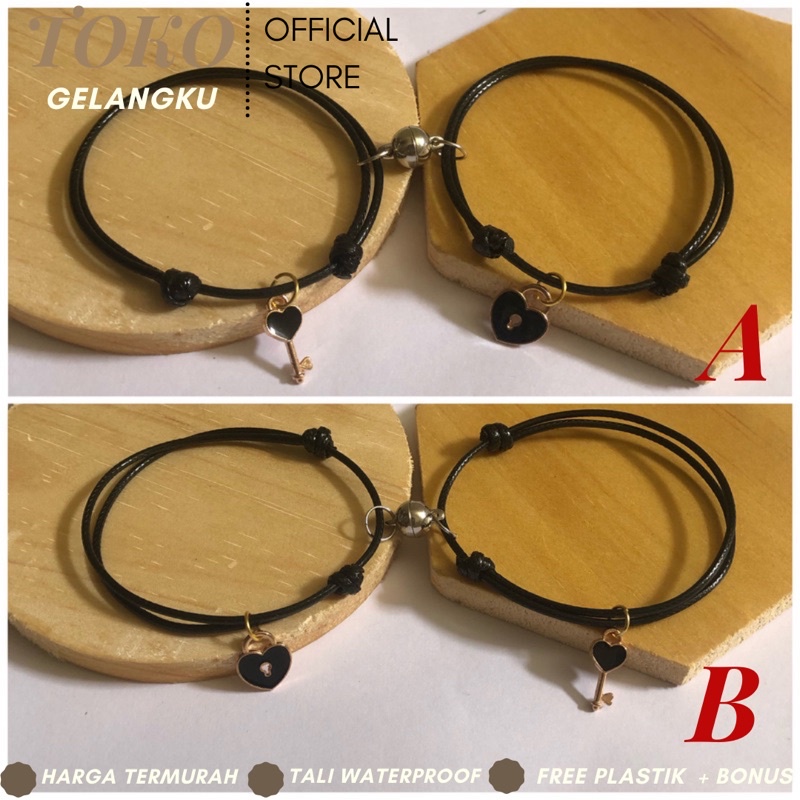 (2 Gelang) Gelang Gembok Kunci Magnet Premium / Gelang Tali Couple Cinta Love bareng Sahabat dan Pacar / Real pict