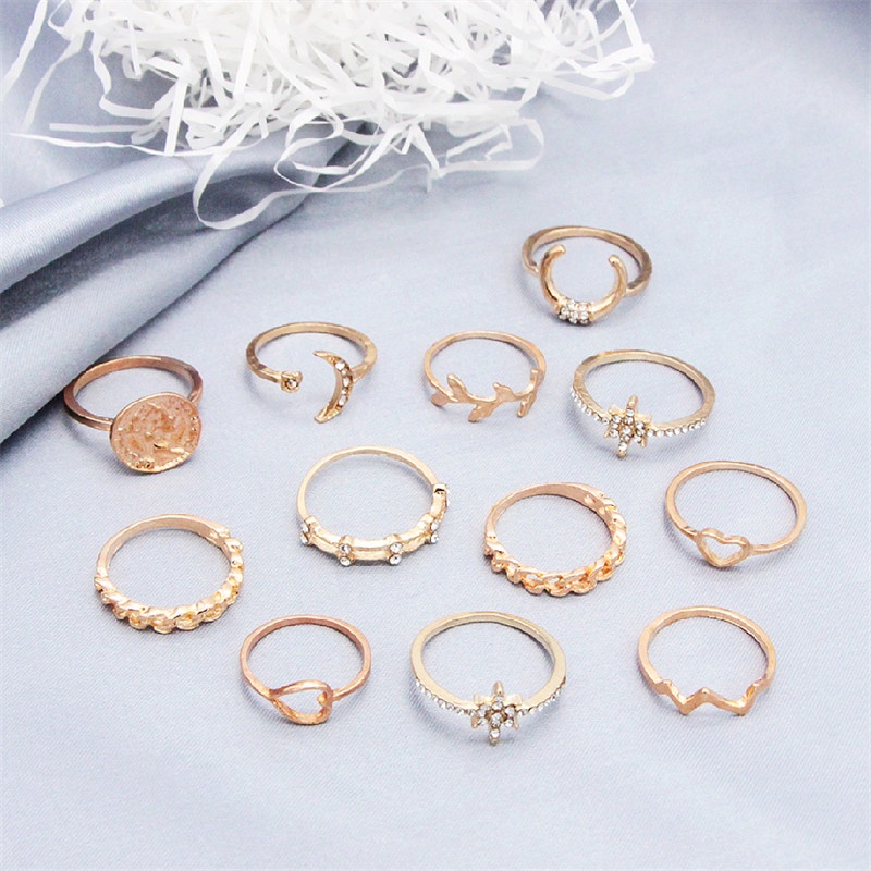 12pcs / Set Cincin Berlian Bentuk Bulan Bintang Hati Daun Untuk Wanita