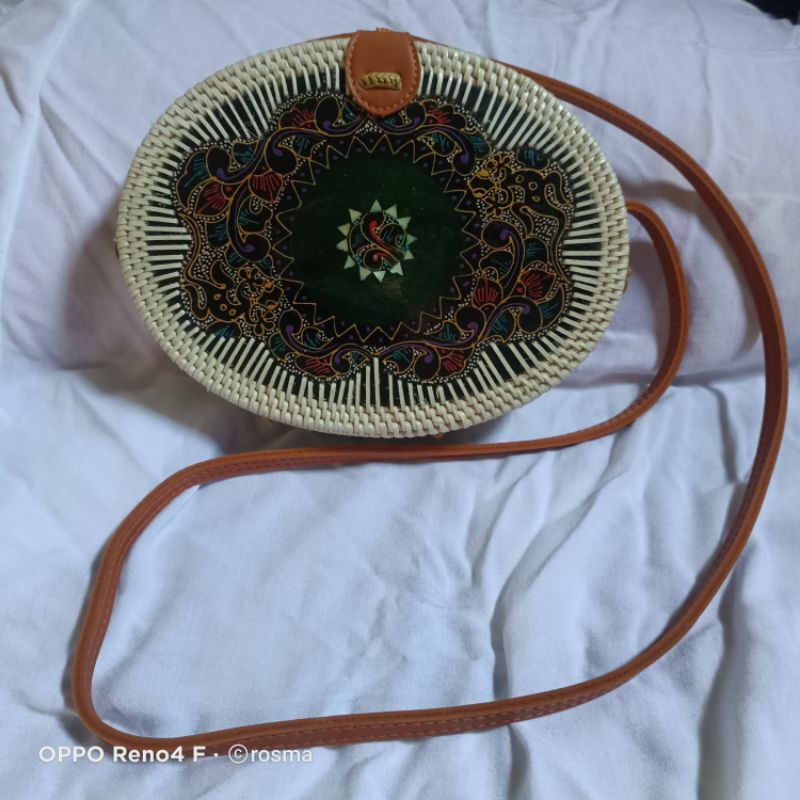 Tas Rotan Oval mix kayu lukis