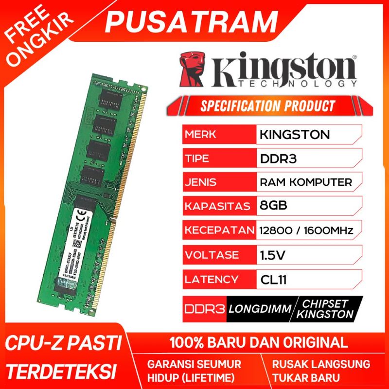 Ram 8GB pc/komputer DDR3 bukan untuk laptop (Merk Kingston)
