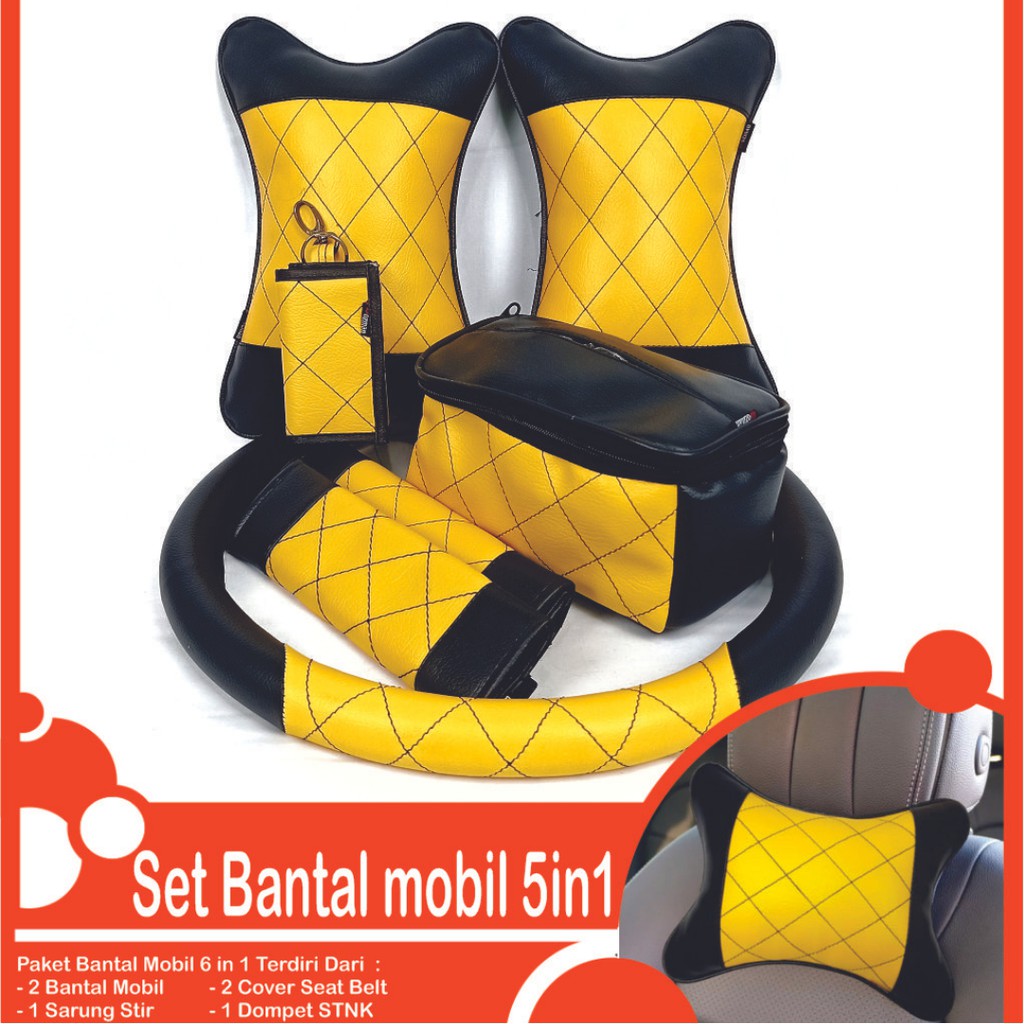 Set Bantal Mobil 5 in 1 Premium Bantal Leher Cover Stir Seatbelt Tempat Tisu Free Dompet STNK