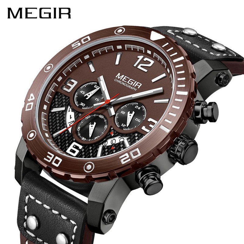 MEGIR 2084 Jam Tangan Pria Analog Chronograph Tali Kulit Luminous WATCHKITE WKOS