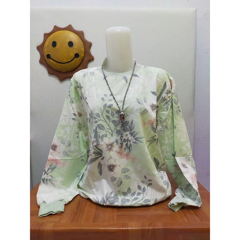 felisha/7050/atasan kaos import lengan panjang motif bunga-Hijau tosca