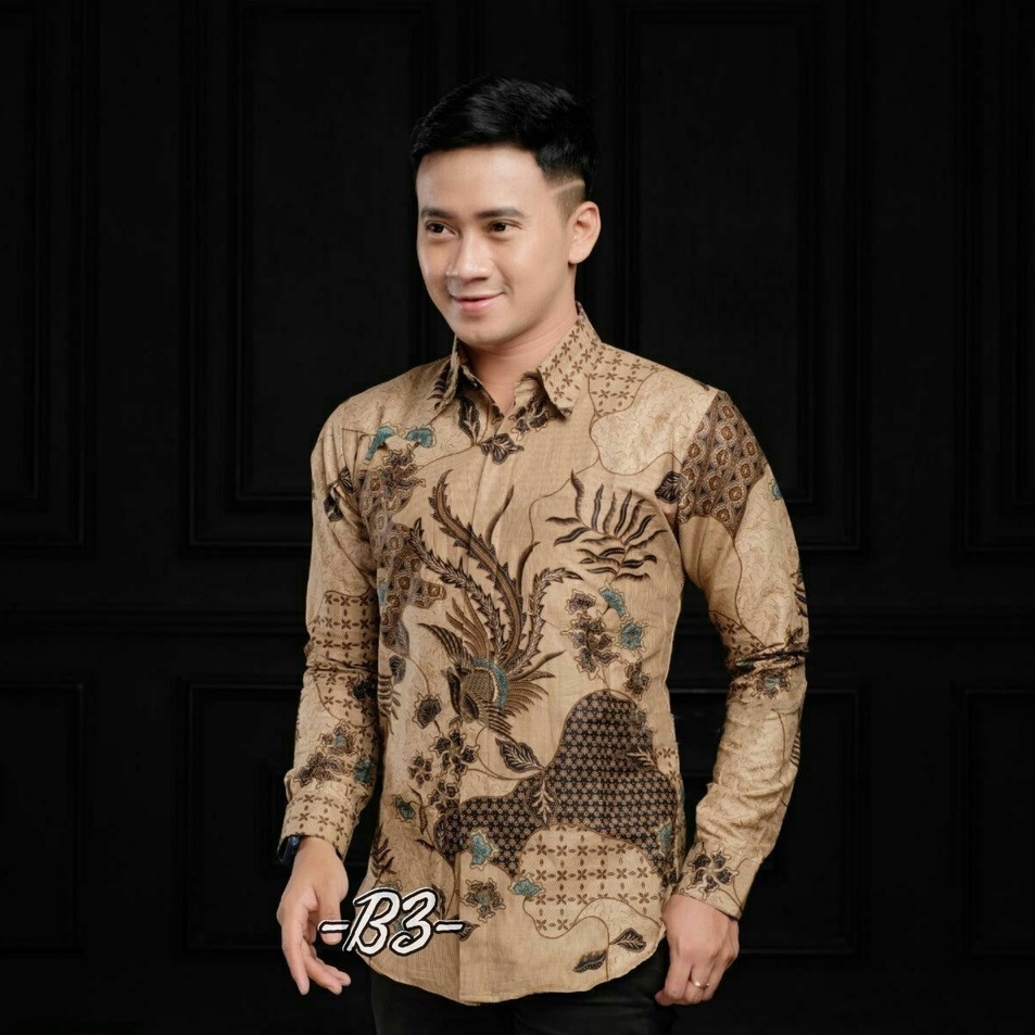 Baju Batik Pria Lengan Panjang Motif Cream Bird Root
