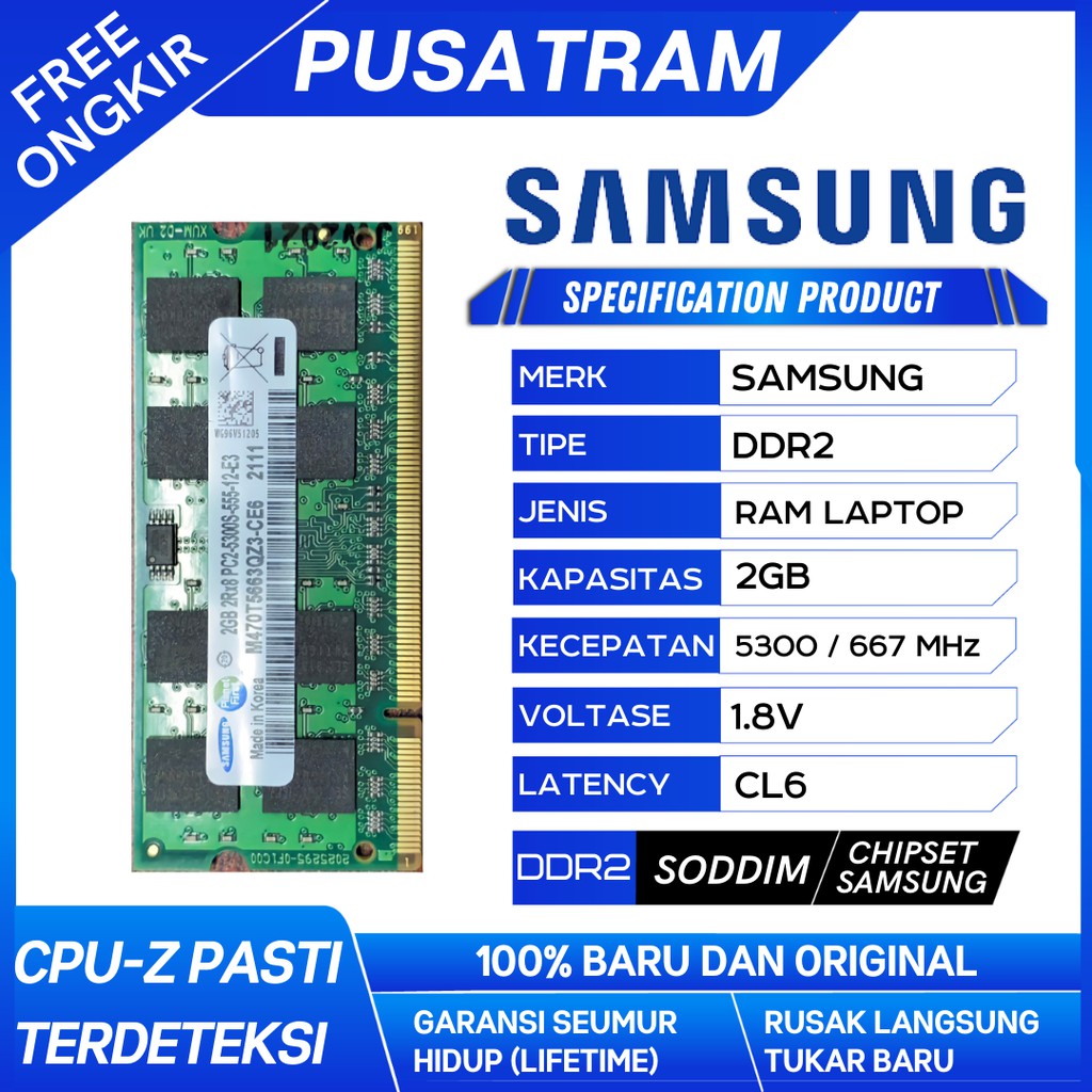 RAM LAPTOP SAMSUNG DDR2 2GB 5300 /667MHz ORIGINAL RAM SODIMM 1.8v 2GB