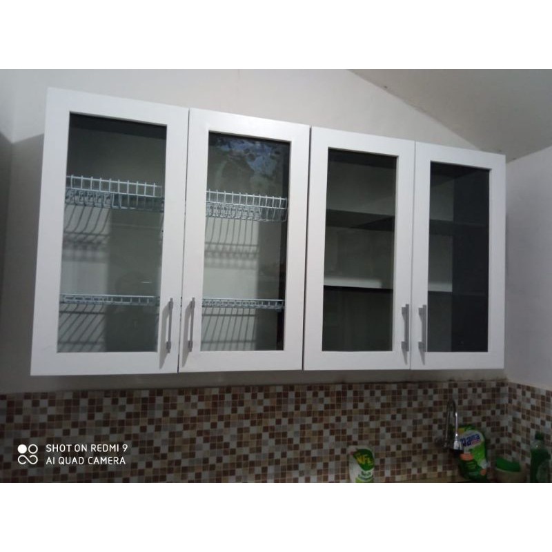 RAK PIRING LEMARI GANTUNG DAPUR KITCHEN SET ATAS 4 PINTU KACA