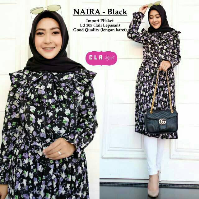 Tunik Naira Ori Cla Hijab Matt import plisket ld 105 tali lepasan lengan karet motif bunga mpe lutut