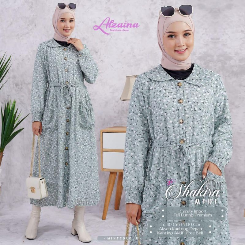 SYAKIRA MIDI TERUSAN DRESS MIDI TUNIK WANITA MUSLIMAH CASUAL MOTIF BUNGA CERUTY IMPORT FULL FURING P