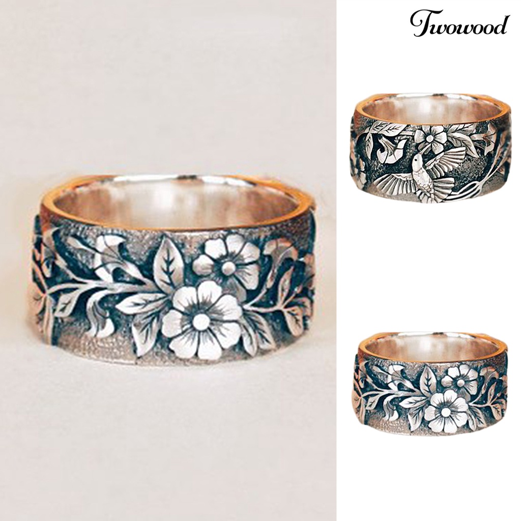 Twowood Bird Flower Pattern Unisex Ring Retro Color Alloy Wide Hip Hop Finger Ring Jewelry Accessory