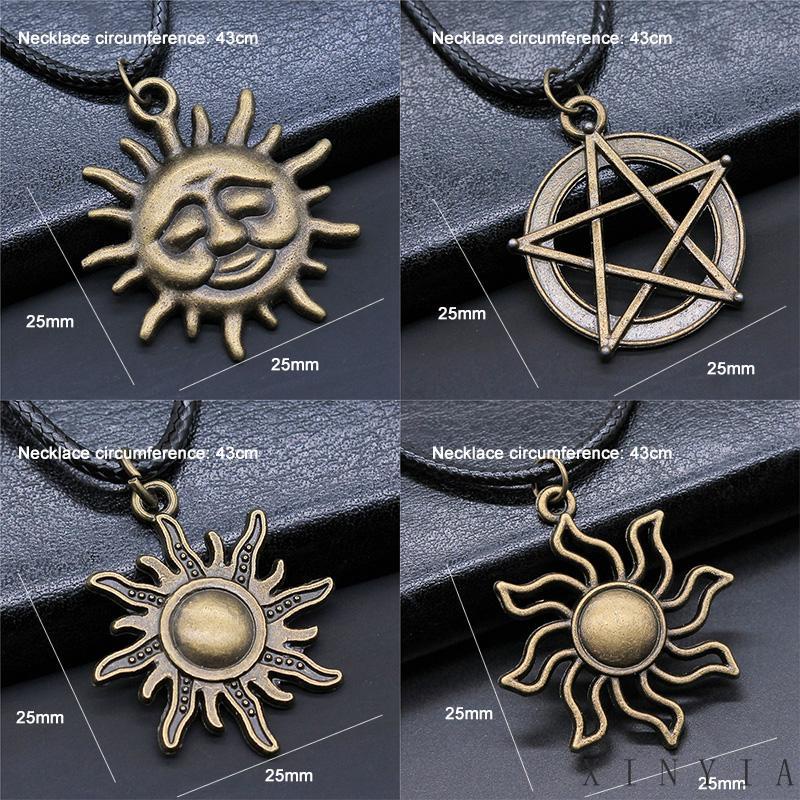 Kalung Rantai Kulit Dengan Liontin Matahari / Bunga / Pentagram Hollow Untuk Unisex