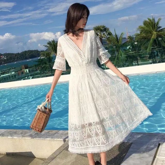 Premium lace dress terusan brukat purih berlengan model v neck CODE TG49-435