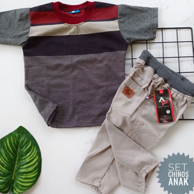 Setelan Anak LAKI LAKI Kaos Salur Celana Chinos SIZE S 3-4tahun Oblong Stripe