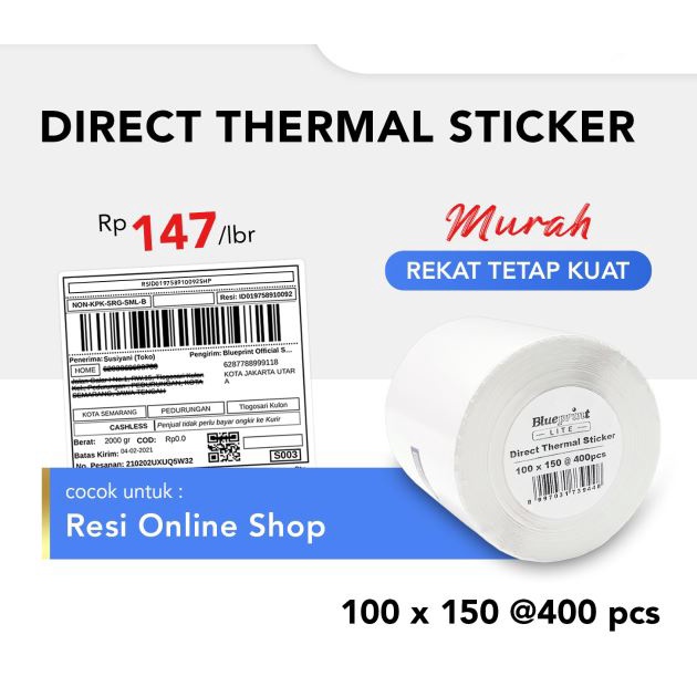 

DIRECT THERMAL STICKER LABEL RESI BLUEPRINT LITE 100x150 mm Isi 400pcs - KERTAS THERMAL - KERTAS RESI