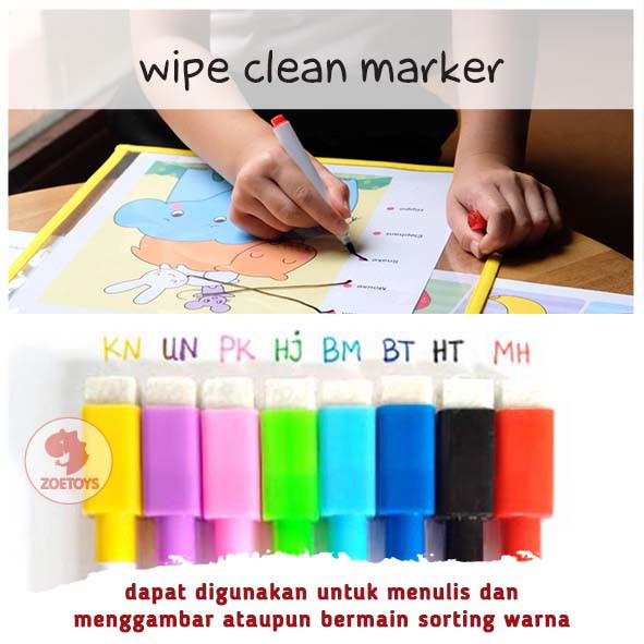 Zoetoys Wipe Clean Marker | Liquid Chalk Spidol Wipe Clean Book | Papan Tulis Whiteboard Blackboard Sepidol Kecil Mini Warna Warni Penghapus Marker Anak anak 2 in 1 Murah