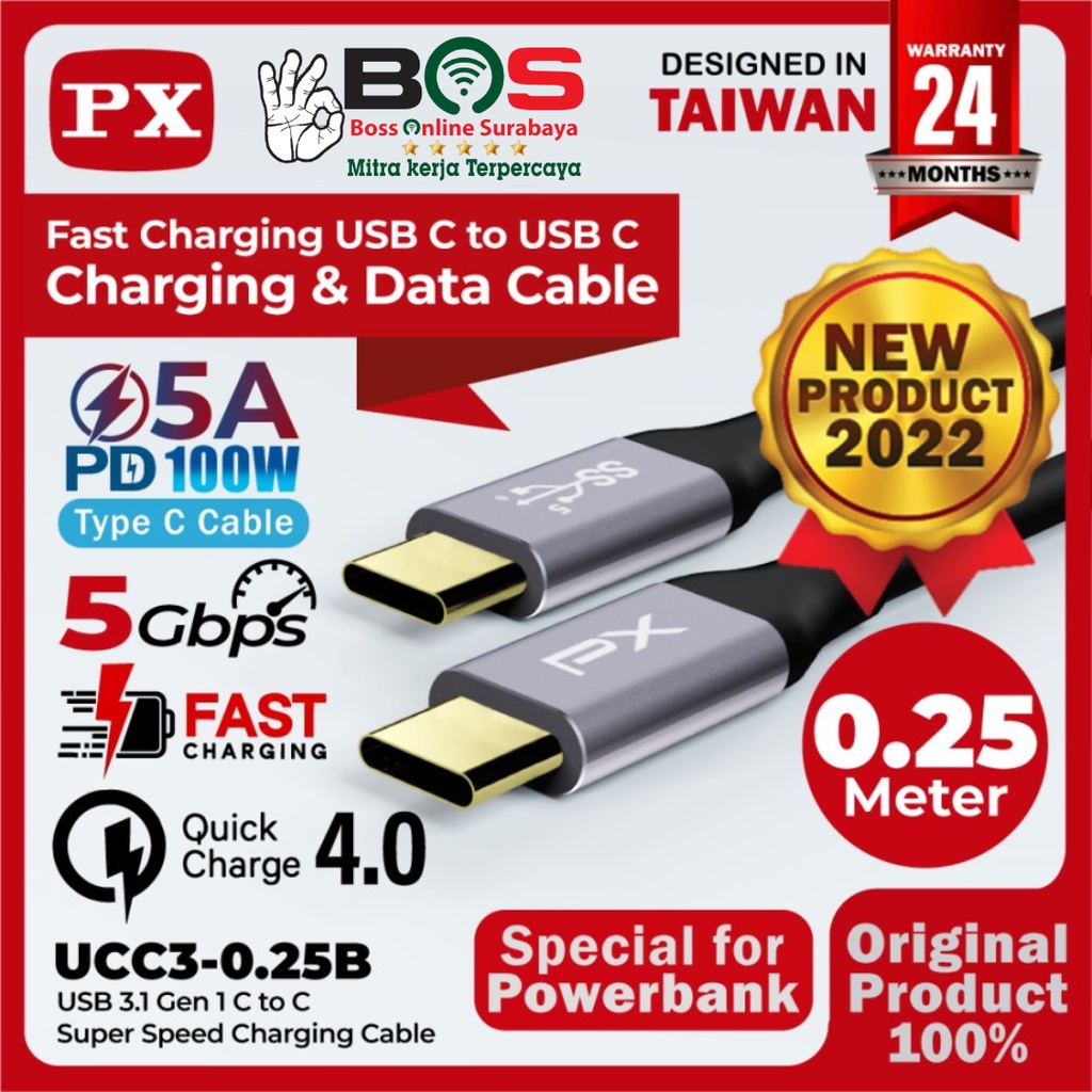 Kabel Data USB Type C To Type C Fast Charging 100W 0.25M PX UCC3-0.25B