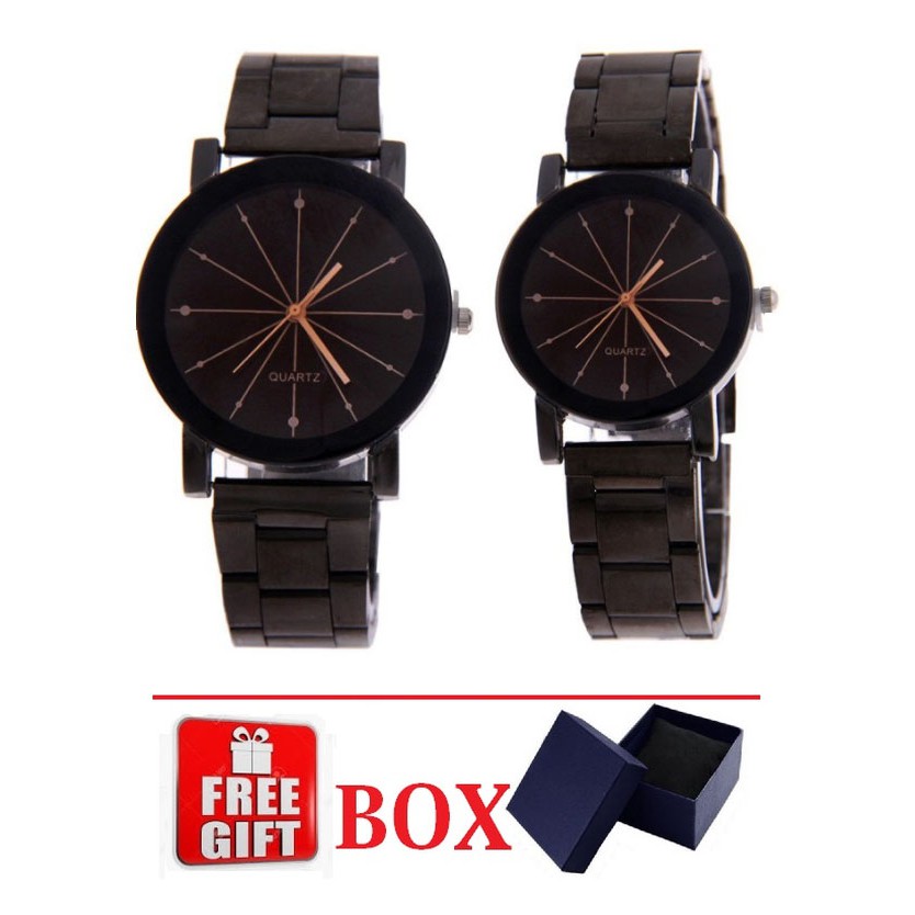 Jam Tangan Couple SNOW STEEL+BOX Pasangan Hitam Rantai Stainless Strap