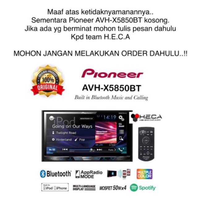 Pioneer AVH-X5850BT Tape Mobil AVHX5850BT Double din AVH X5850 BT Head Unit AVH X5850BT Audio mobil