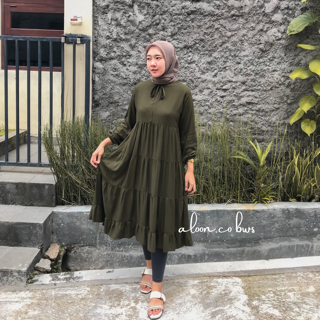 Tunik Midi Dress Wanita Rempel Susun Rayon Premium - Midi Dress Terbaru - Dress Lengan Panjang Busui Friendly