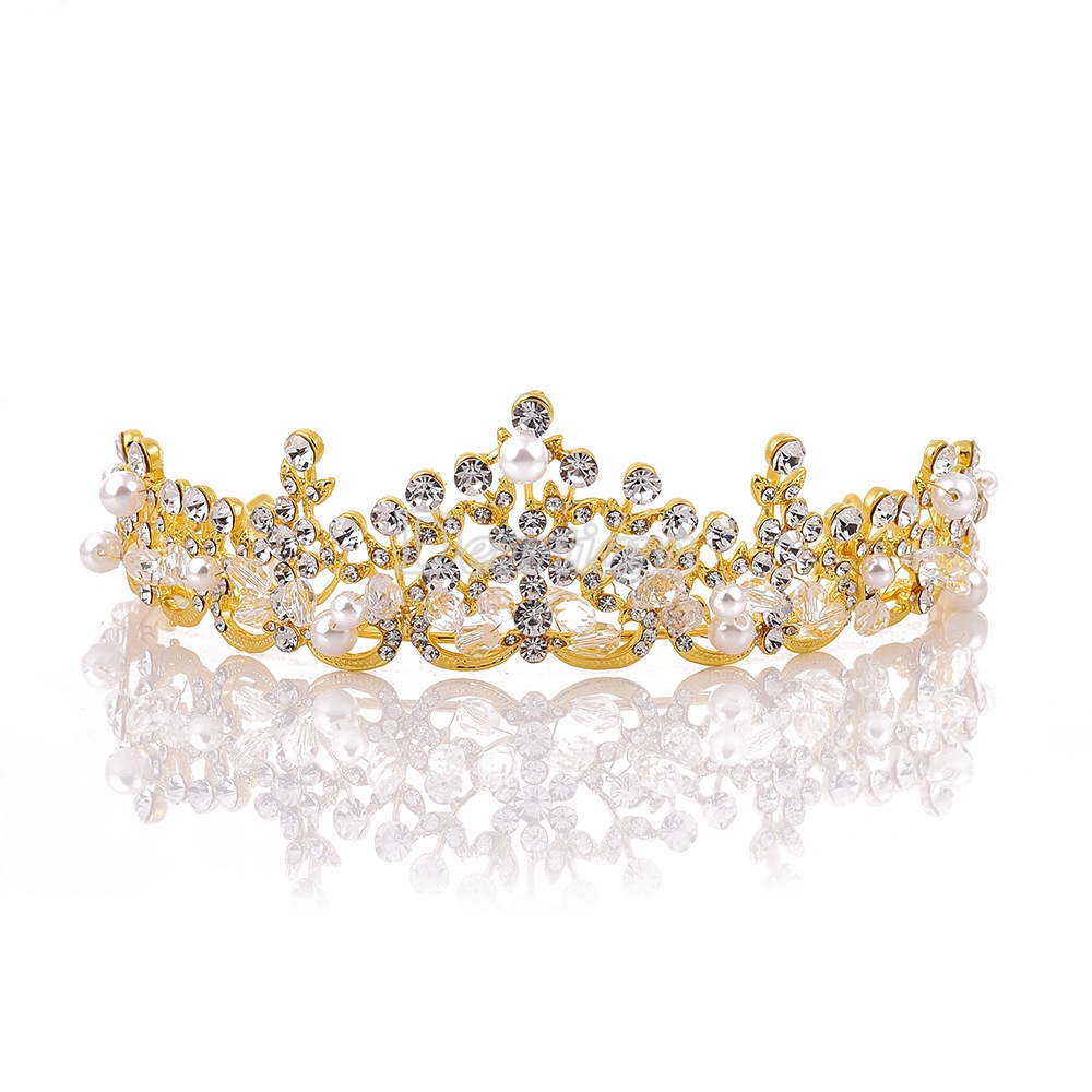 Mahkota Tiara Bahan Alloy Hias Mutiara Berlian Imitasi Untuk Aksesoris Rambut Pengantin Wanita