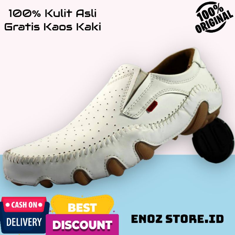 ENOZ X GOBLIN - Slip On Putih Pria Original Kulit Asli / Sepatu Slop Cowo Kasual Formal Kerja Loafers