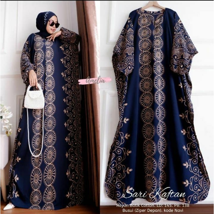 Gamis Rayon Jumbo Kaftan Terbaru - Sari Kaftan By Batik AW Motif Roda Bulat Size Jumbu Busui Resleting / Kaftan Wanita / Dress Kaftan