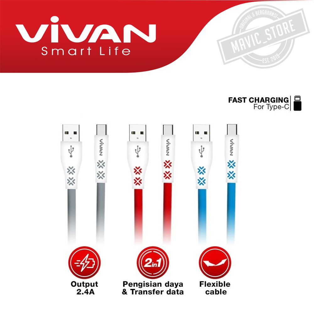 Kabel Data Fast Charging Vivan CTC100 Type C Cable Data 2.4A For Android - Garansi Resmi 1 Tahun