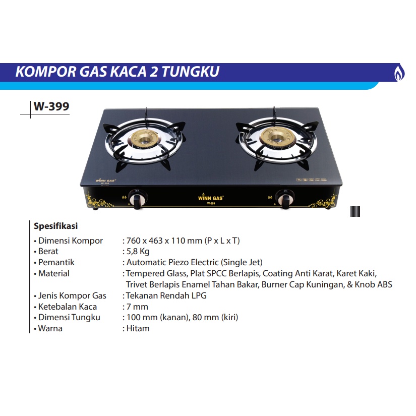 Winn Gas Kompor Gas Kaca Tempered Glass W-399 Kompor 2 Tungku Winn Gas W399