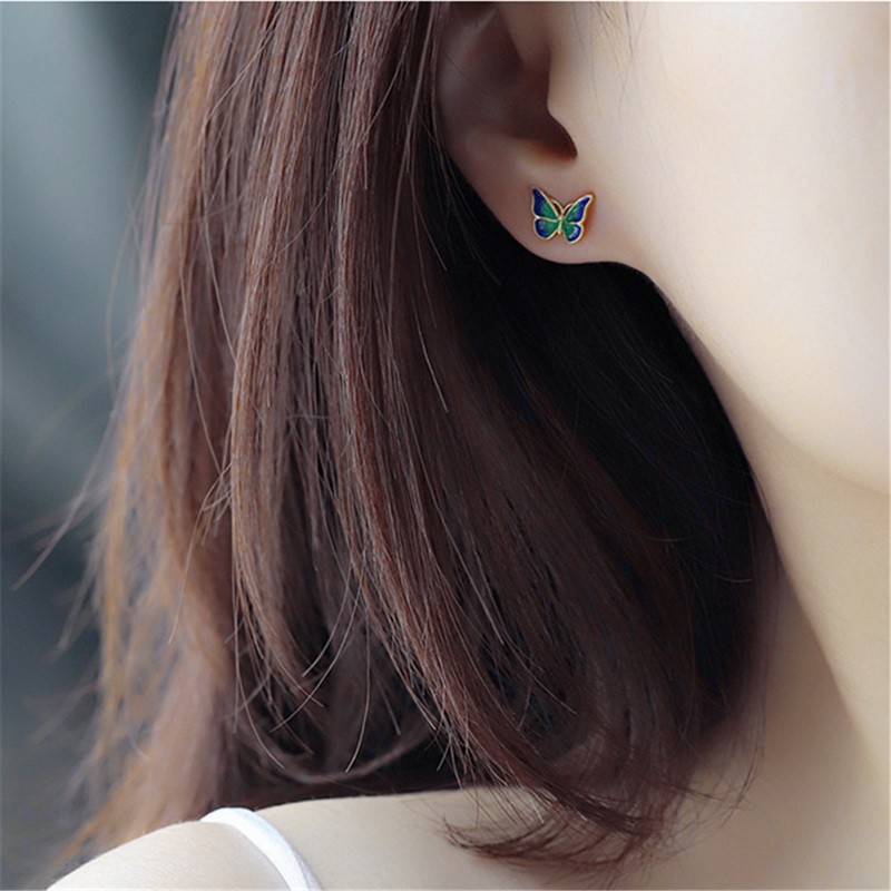 Anting Stud Desain Kupu-Kupu Lukisan Minyak Warna Hijau Untuk Wanita
