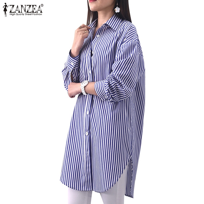 ZANZEA Women Fashion Long Sleeve Lapel Loose Stripe Printed  Button Down Blouse